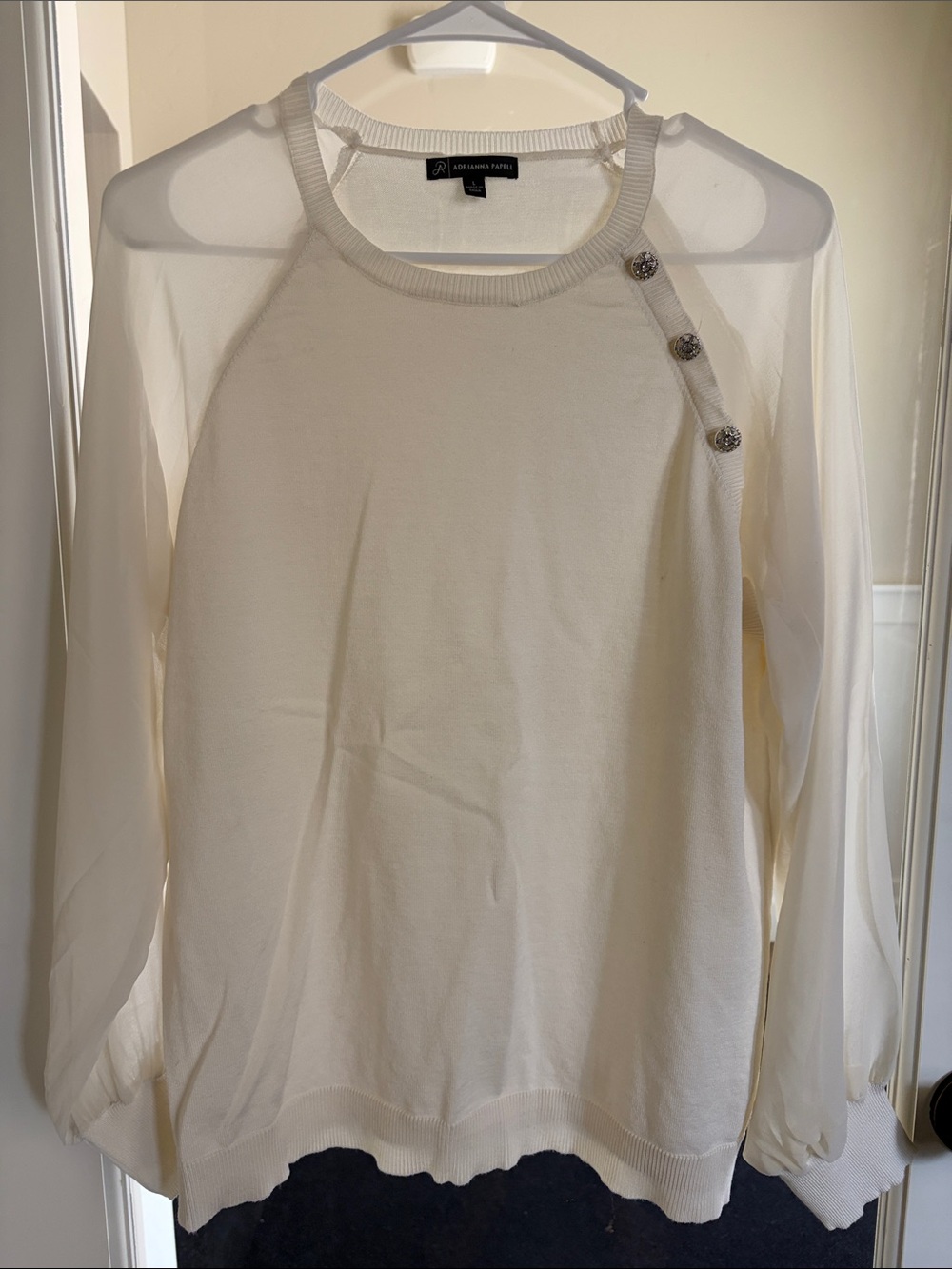 Adrianna Papell Ivory Pullover with Sheer Raglan Sleeves and Button Detail